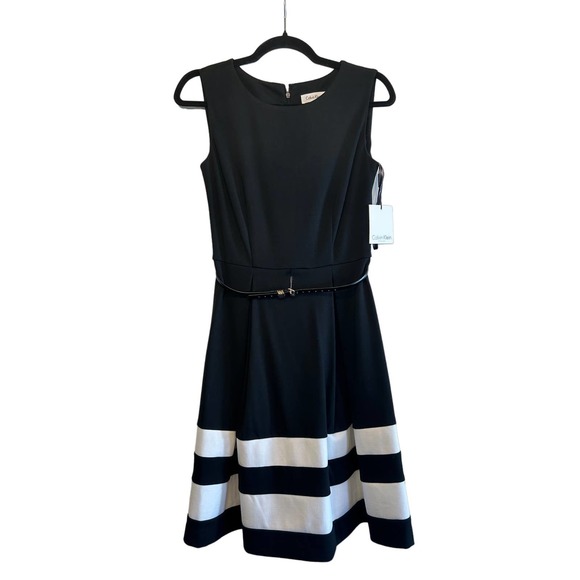 NWT CALVIN KLEIN WOMENS BLACK WHITE FIT AND FLARE DRESS SIZE 2 - Picture 1 of 8